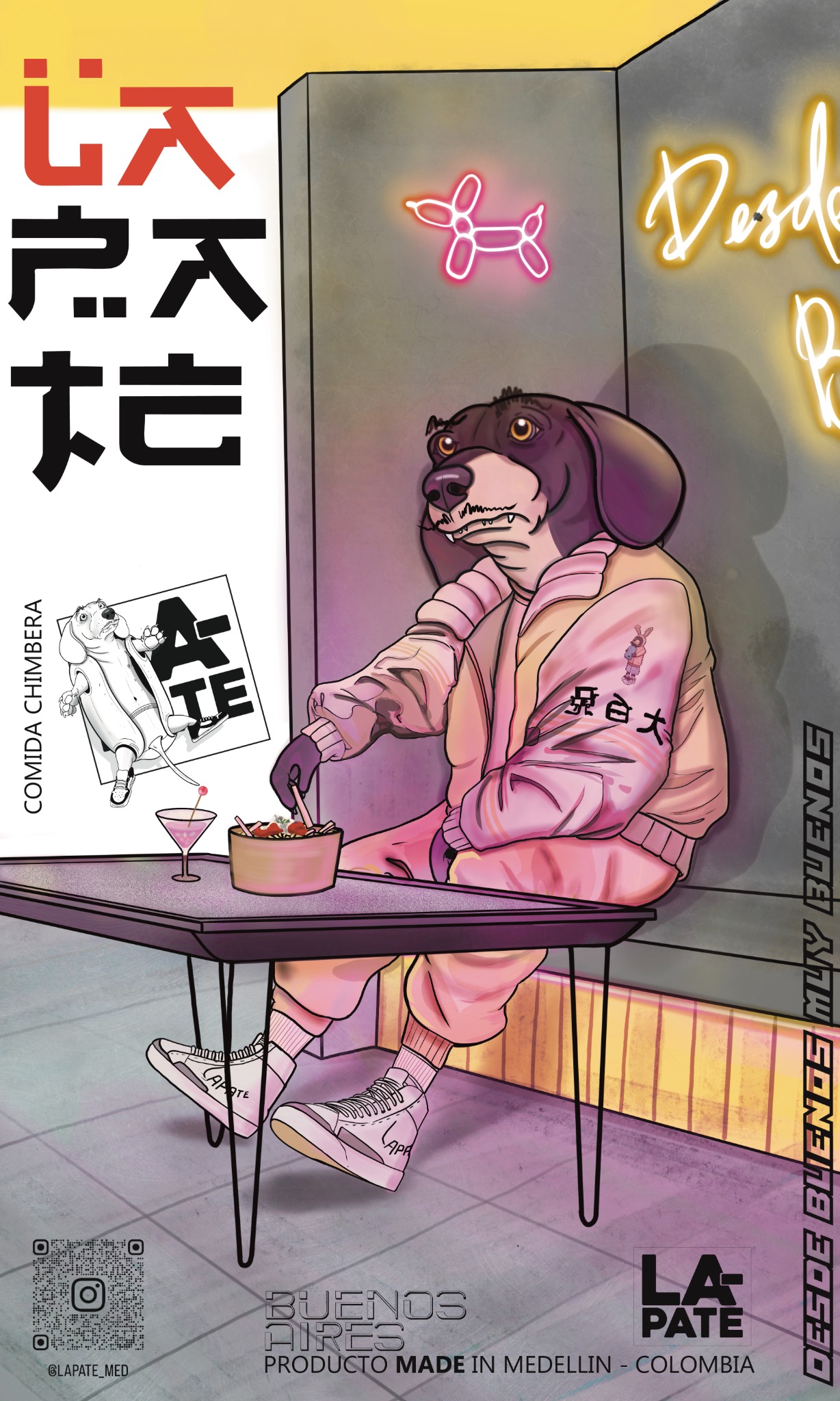 El Chori vestido de rosa en un restaurante de estética nocturna y luces de neón