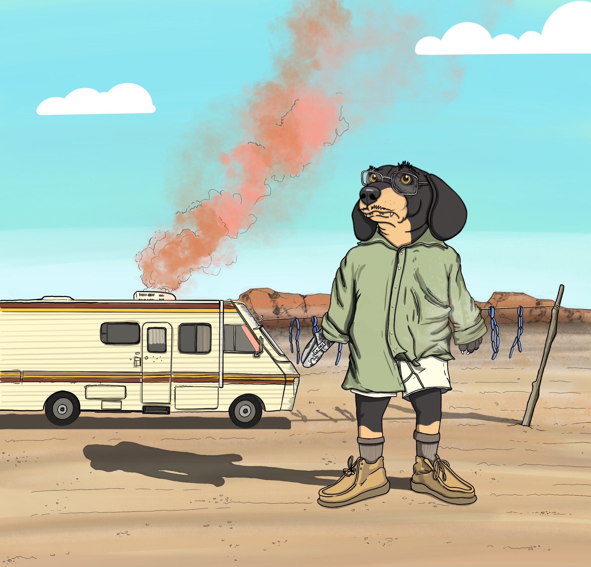 El Chori con gafas junto a una casa rodante en un paisaje desértico ilustrado
