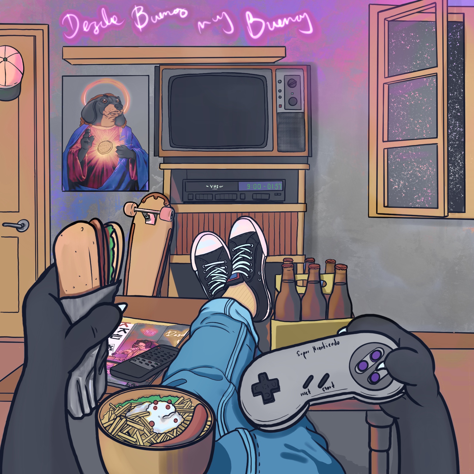 Escena ilustrada de videojuegos, comida de La Pate y el Chori en una habitación retro